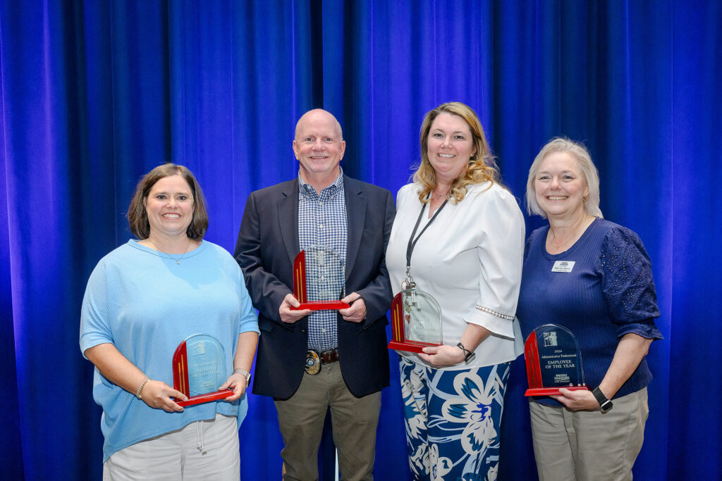2026 Employee Recognition Awards in the Tennessee Room of James Union Building (JUB).

2026 Employee of the Year Award recipients Jackie Victory, Director, Student Organizations and Service, left, Tommy Roberts, MTSU Police Detective, Sarah Pruitt, Coordinator, Social Work, and Billie Jean Brown, University College.